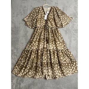 Kaktus Maxi Dress Womens Medium Cream Flutter Tiered Boho Beaded Neckline New